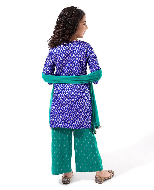 Royal Blue-Foil Printed Kurta Palazzo Set with Dupatta