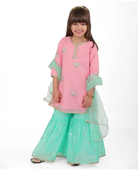 Pink & Blue - Kurti Gharara & Net Dupatta Set