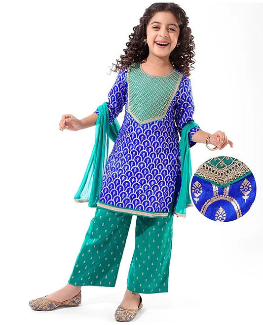 Royal Blue-Foil Printed Kurta Palazzo Set with Dupatta