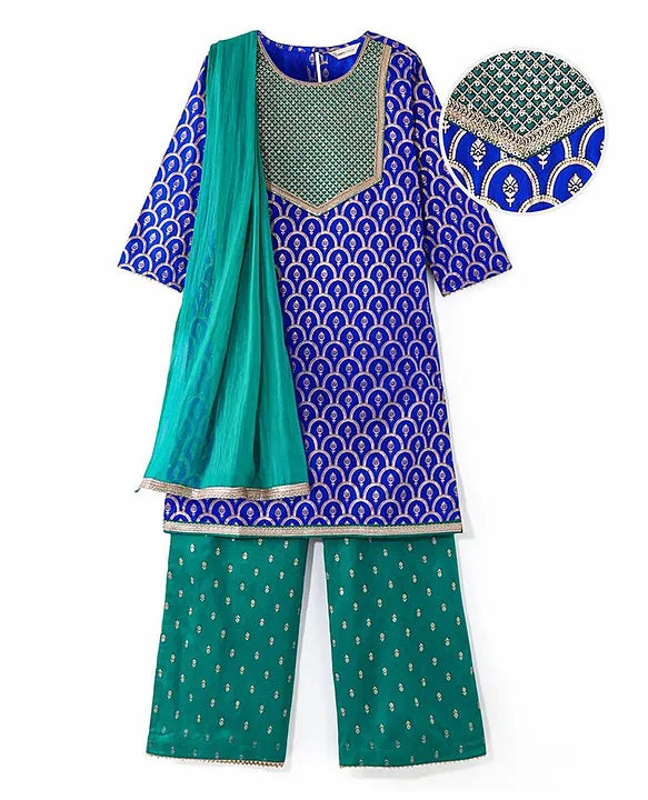 Royal Blue-Foil Printed Kurta Palazzo Set with Dupatta