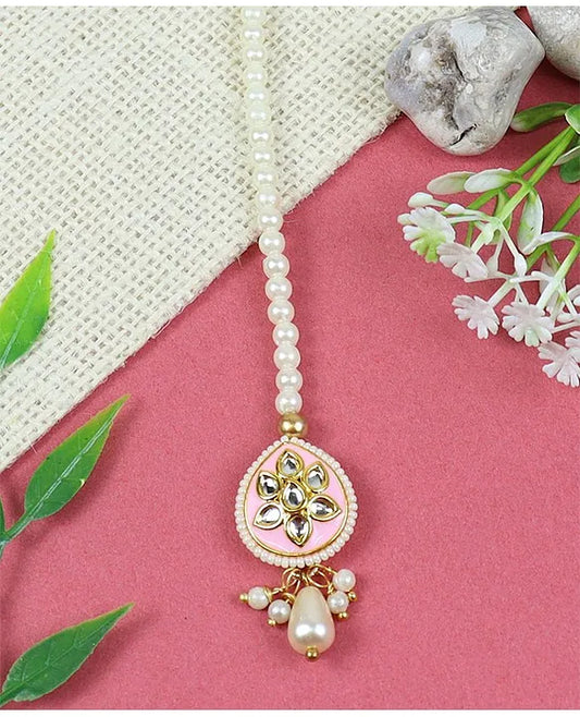 Kundan Stone Embellished Maang Tikka - Pink