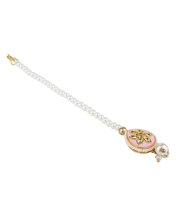 Kundan Stone Embellished Maang Tikka - Pink