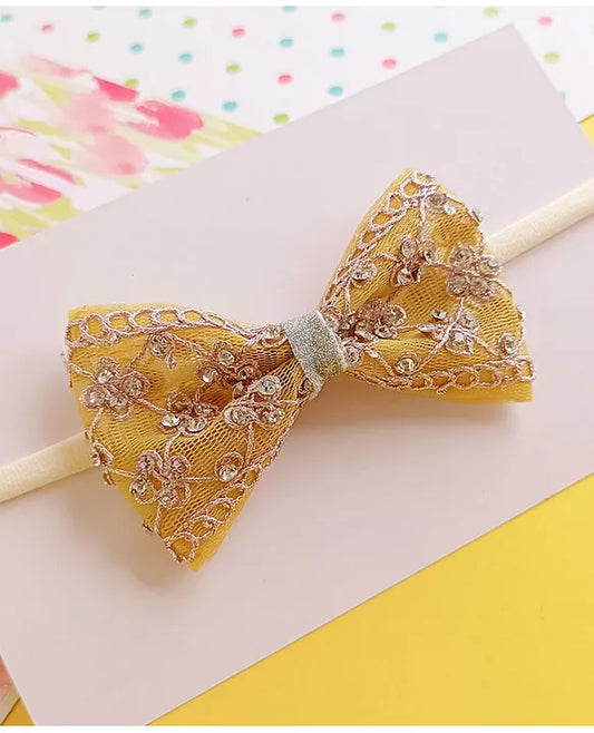 Zari Detailed On Net Bow Soft Headband - Mustard