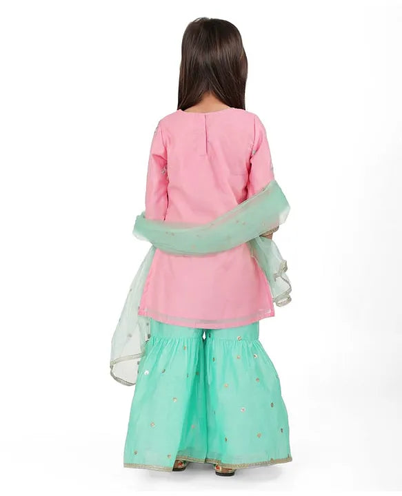 Pink & Blue - Kurti Gharara & Net Dupatta Set