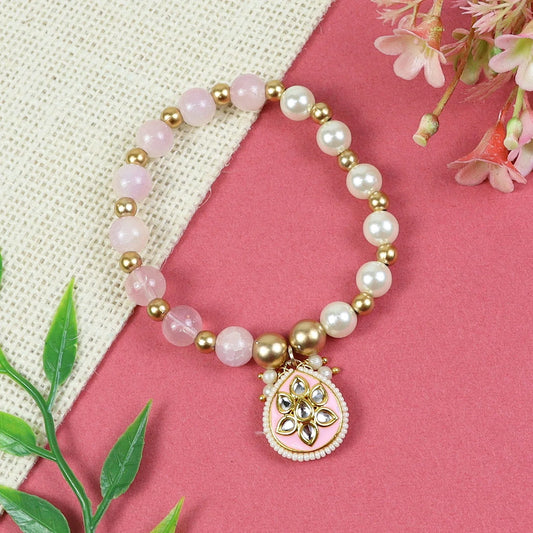 Kundan Stone Embellished Beaded Bracelet - Pink