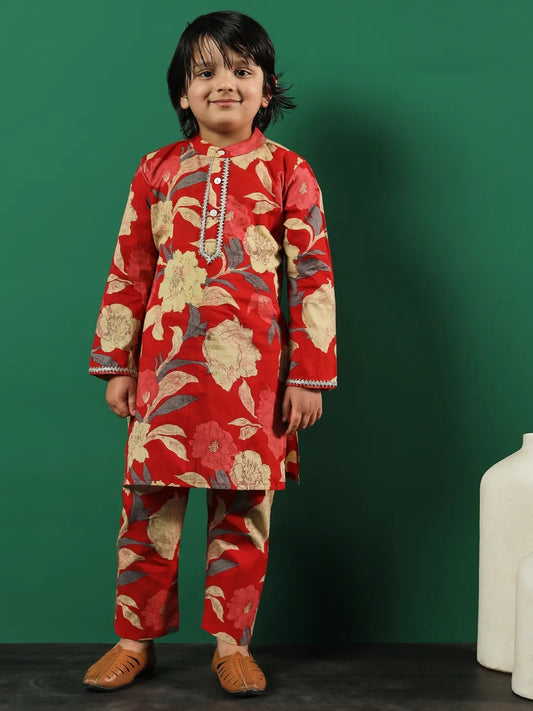 Floral Red Color Kurta and Pajama