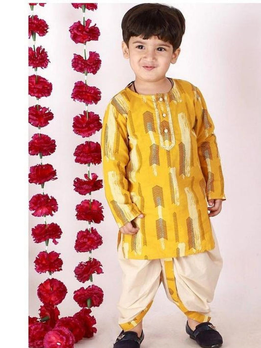 Yellow And Cream Printed Kurta And Dhoti