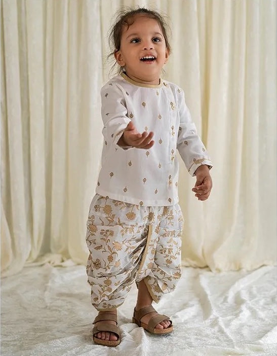 White Kurta With Floral Print Dhoti