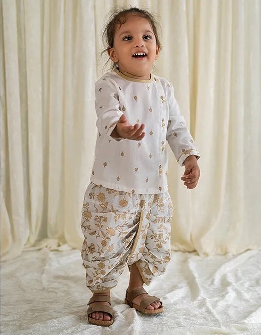 White Kurta With Floral Print Dhoti