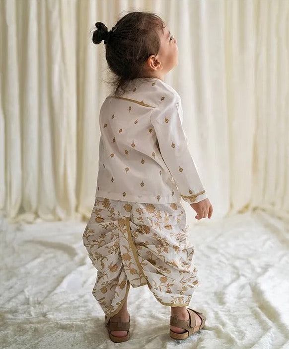 White Kurta With Floral Print Dhoti