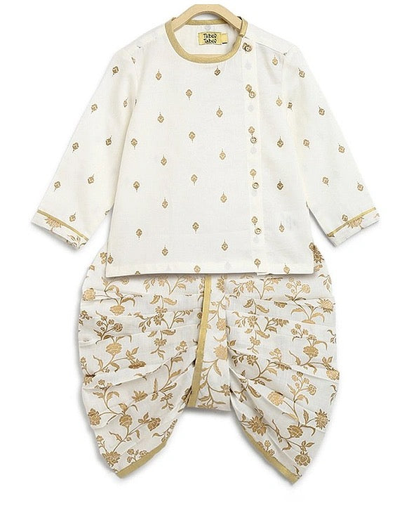 White Kurta With Floral Print Dhoti