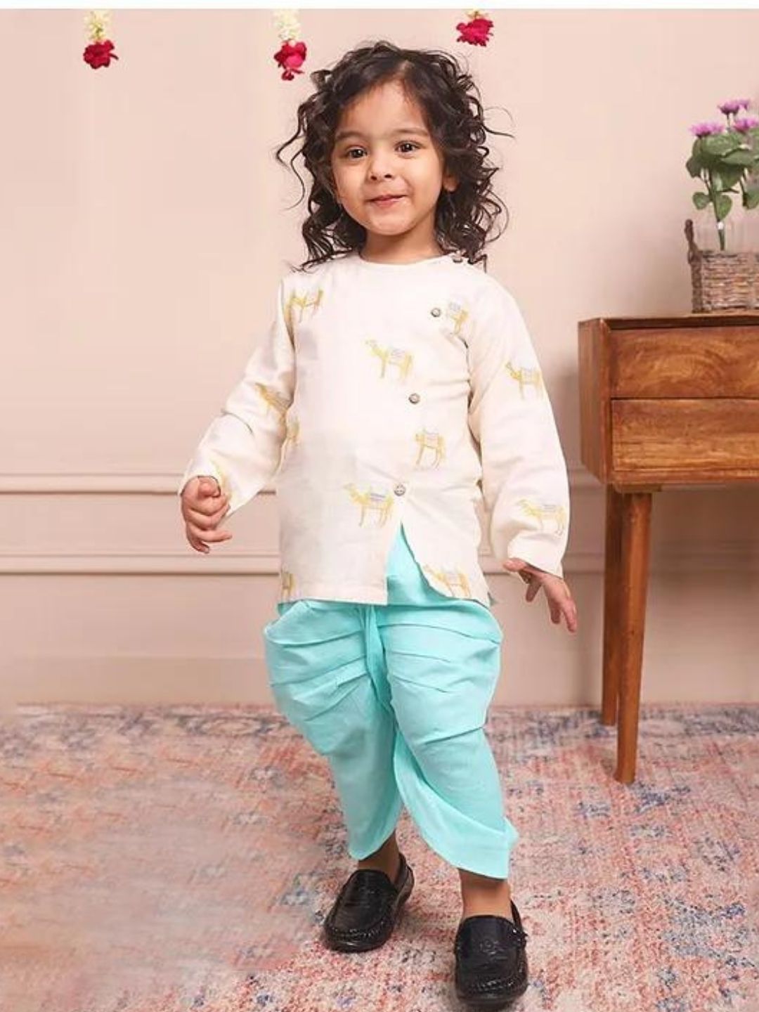 Cream and Blue Camel Embroidered Kurta With Dhoti