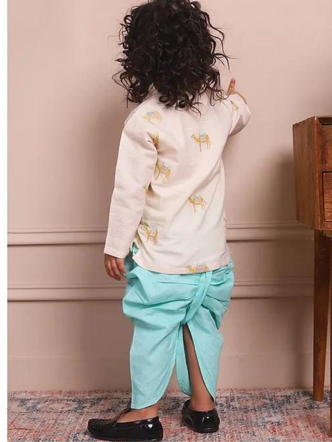 Cream and Blue Camel Embroidered Kurta With Dhoti