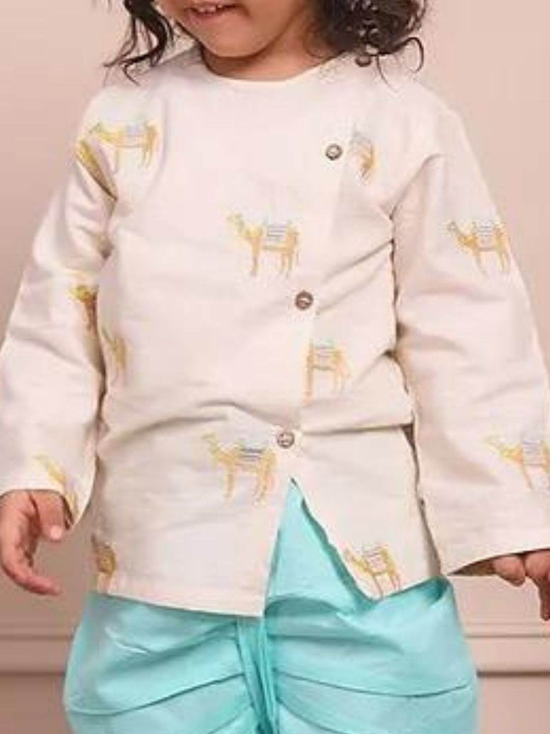 Cream and Blue Camel Embroidered Kurta With Dhoti
