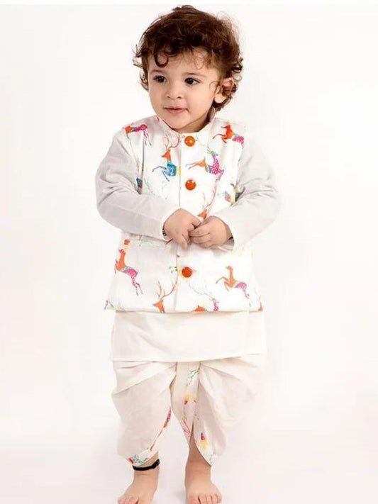 White Color Printed Dhoti Kurta With Jacket