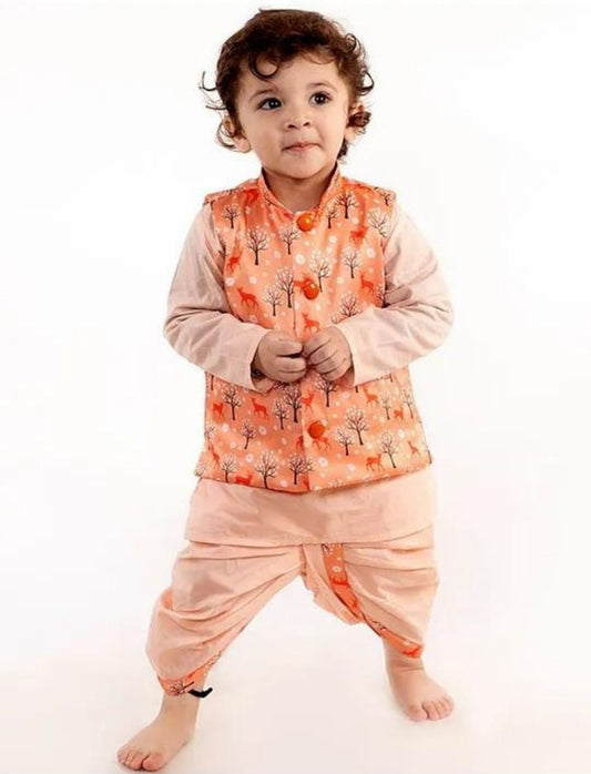 Peach Color Printed Dhoti Kurta With Jacket