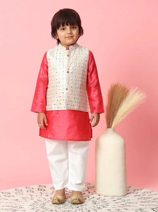 Kurta With Pyjama & Jacket - Bright Pink
