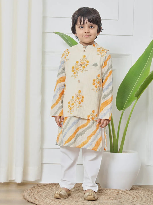 Cream - Yellow Kurta Pyjama With Nehru Jacket