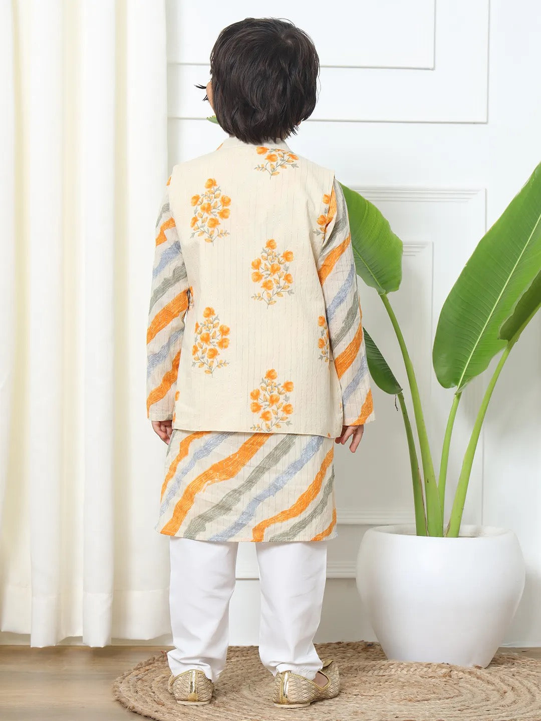 Cream - Yellow Kurta Pyjama With Nehru Jacket