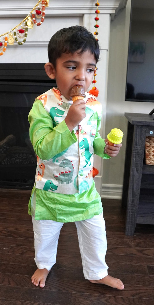 Green Dino Kurta And Pyjama Set