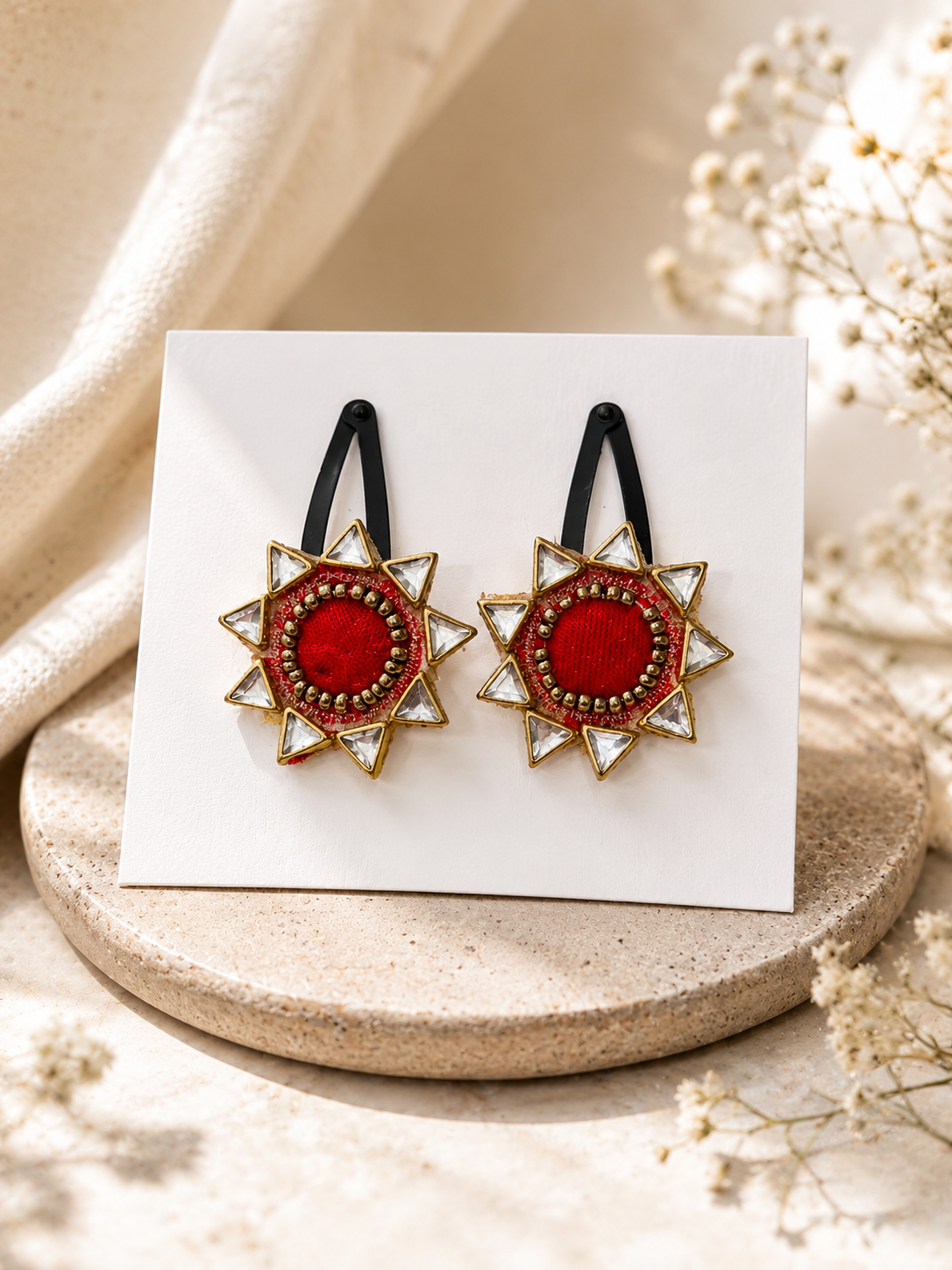 Ethnic Mandala Red Flower Kundan Handmade Hair Clip-Set of 2
