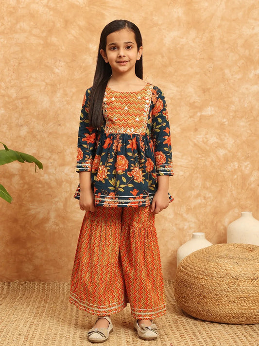 Blue And Orange Color Kurti With Sharara