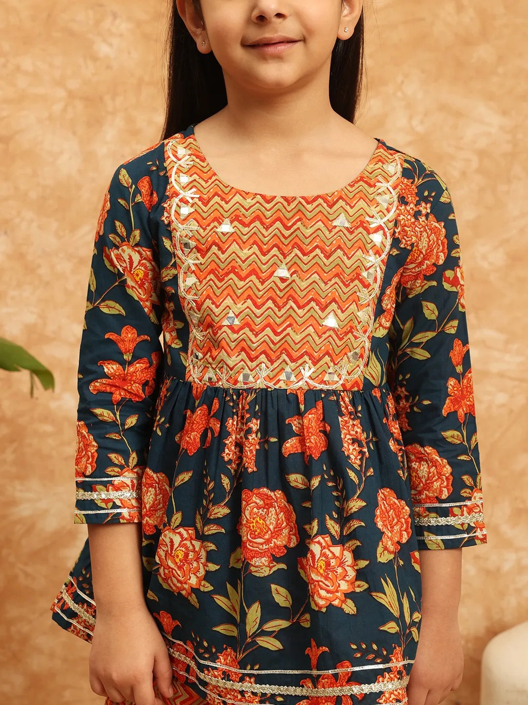 Blue And Orange Color Kurti With Sharara