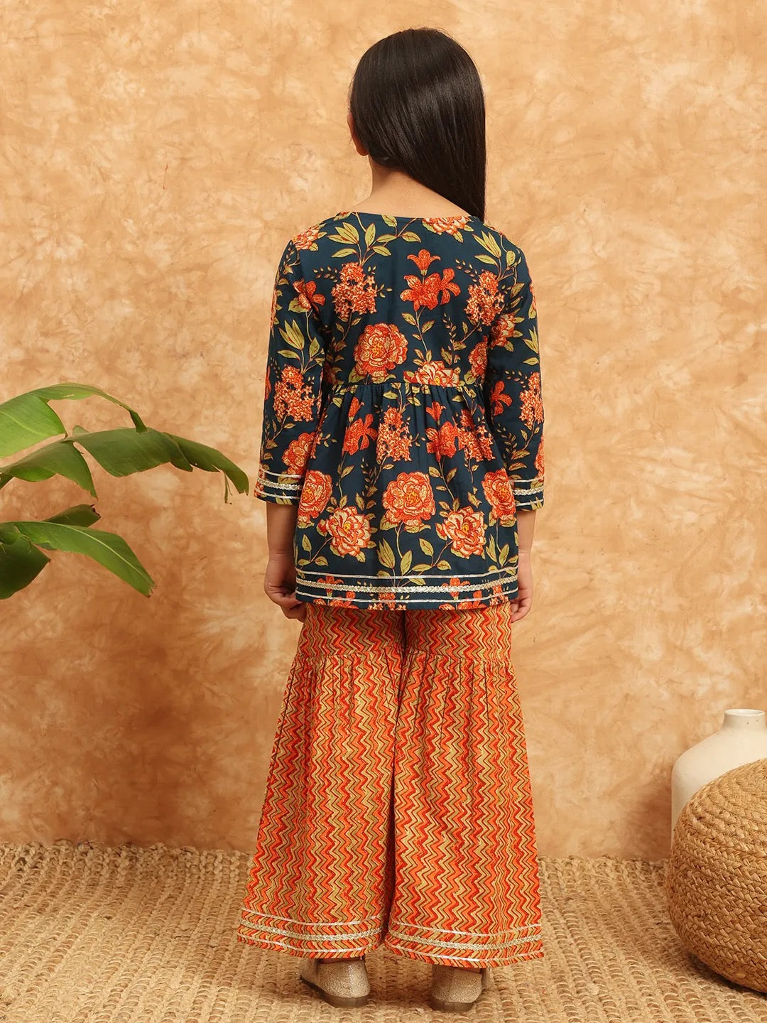 Blue And Orange Color Kurti With Sharara