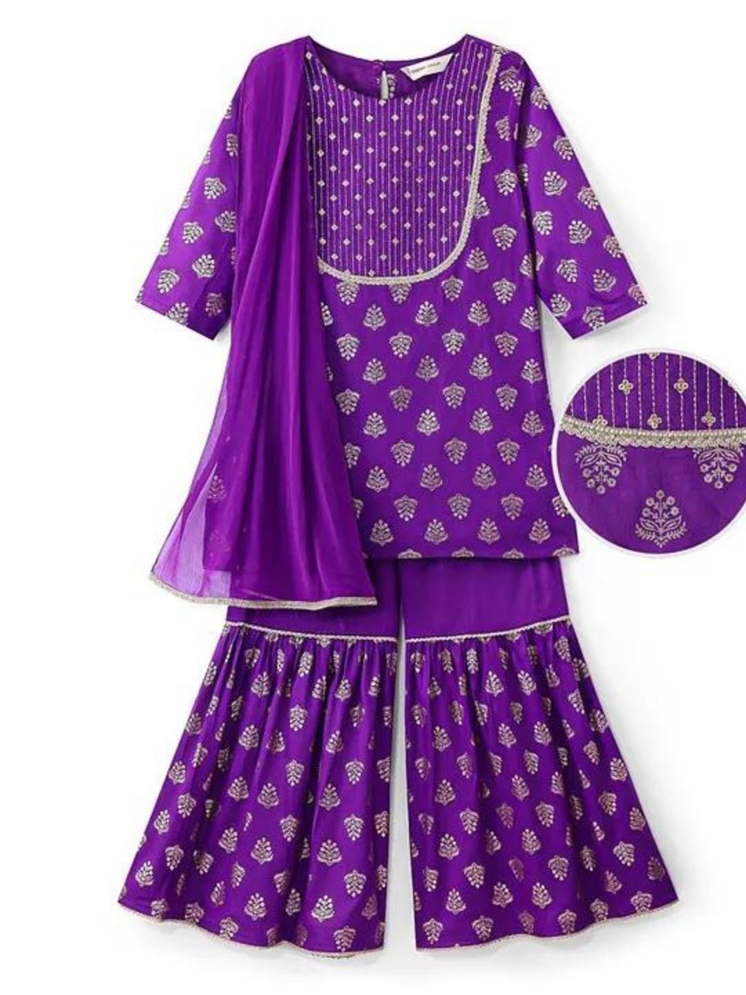Purple Foil Printed Kurta Gharara & Dupatta Set