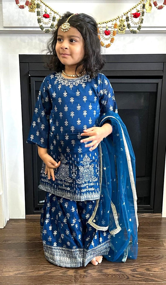 Teal Blue - Kurti Gharara & Net Dupatta Set