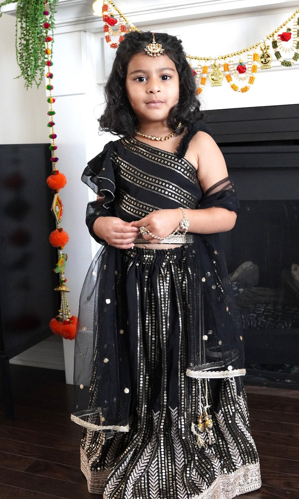 Black - Choli Lehenga & Frill Net Dupatta Set