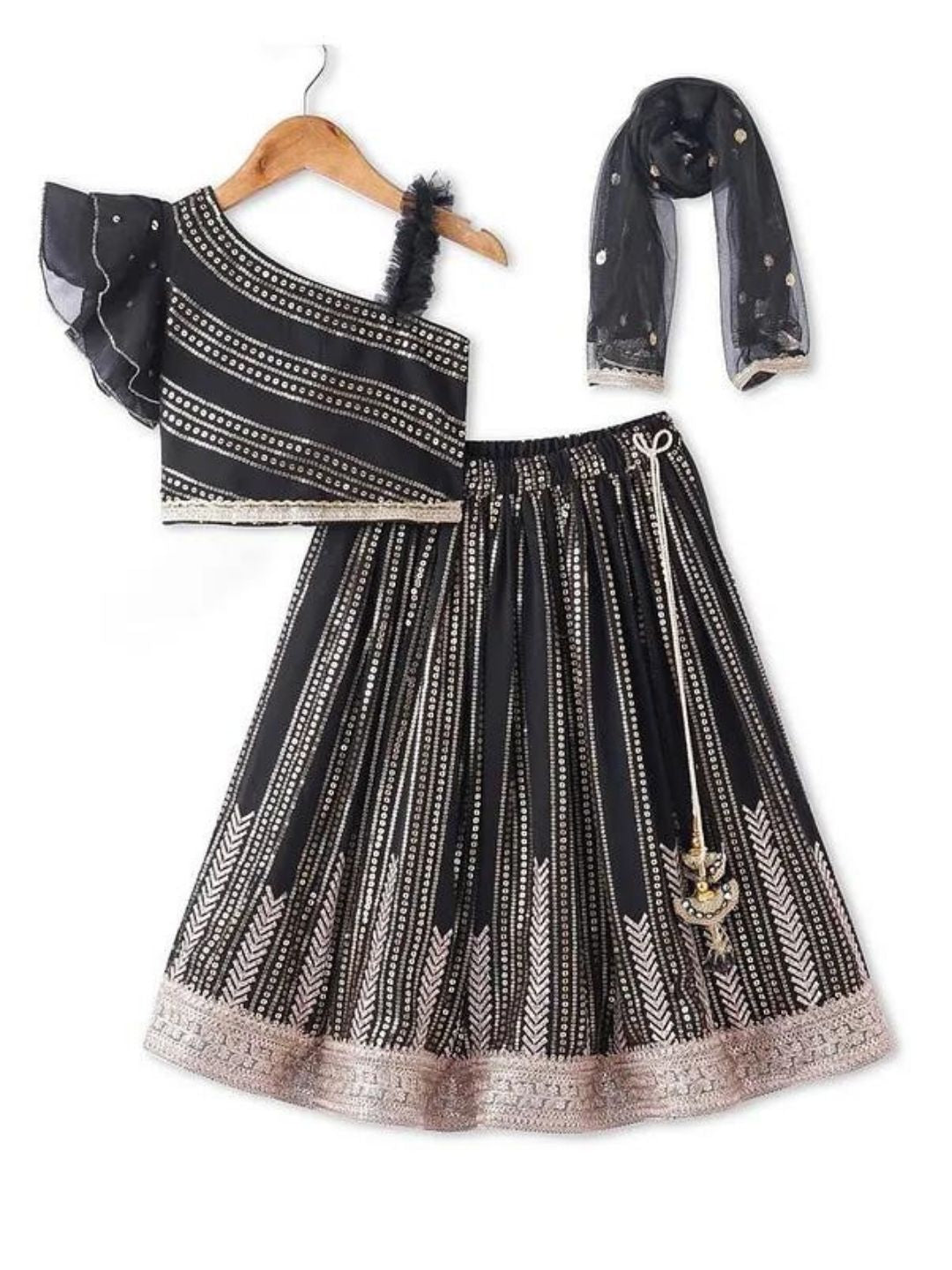 Black - Choli Lehenga & Frill Net Dupatta Set