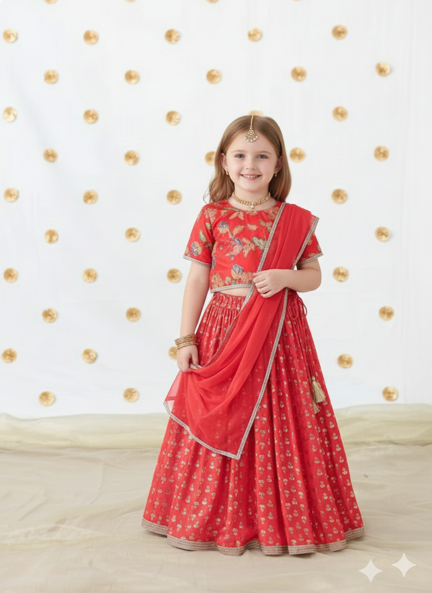 Red - Choli Lehenga Set With Lace Detailing Dupatta