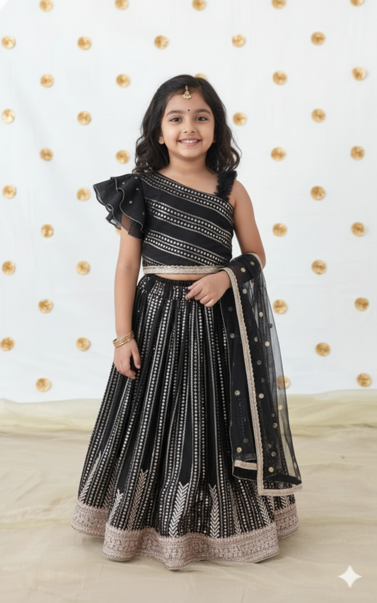 Black - Choli Lehenga & Frill Net Dupatta Set