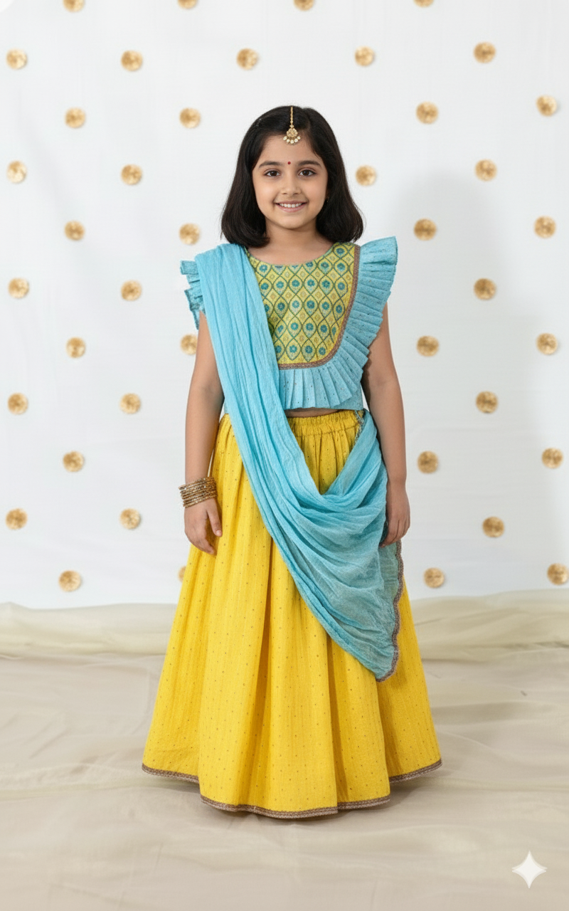 Yellow & Blue  Lehenga Choli And Dupatta