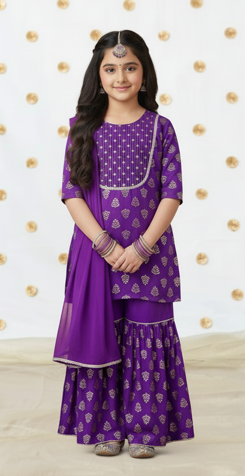 Purple Foil Printed Kurta Gharara & Dupatta Set
