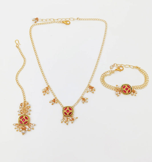 Kundan & Pearl Detailed Necklace, Bracelet & Maang Teeka Set (Dark Pink)