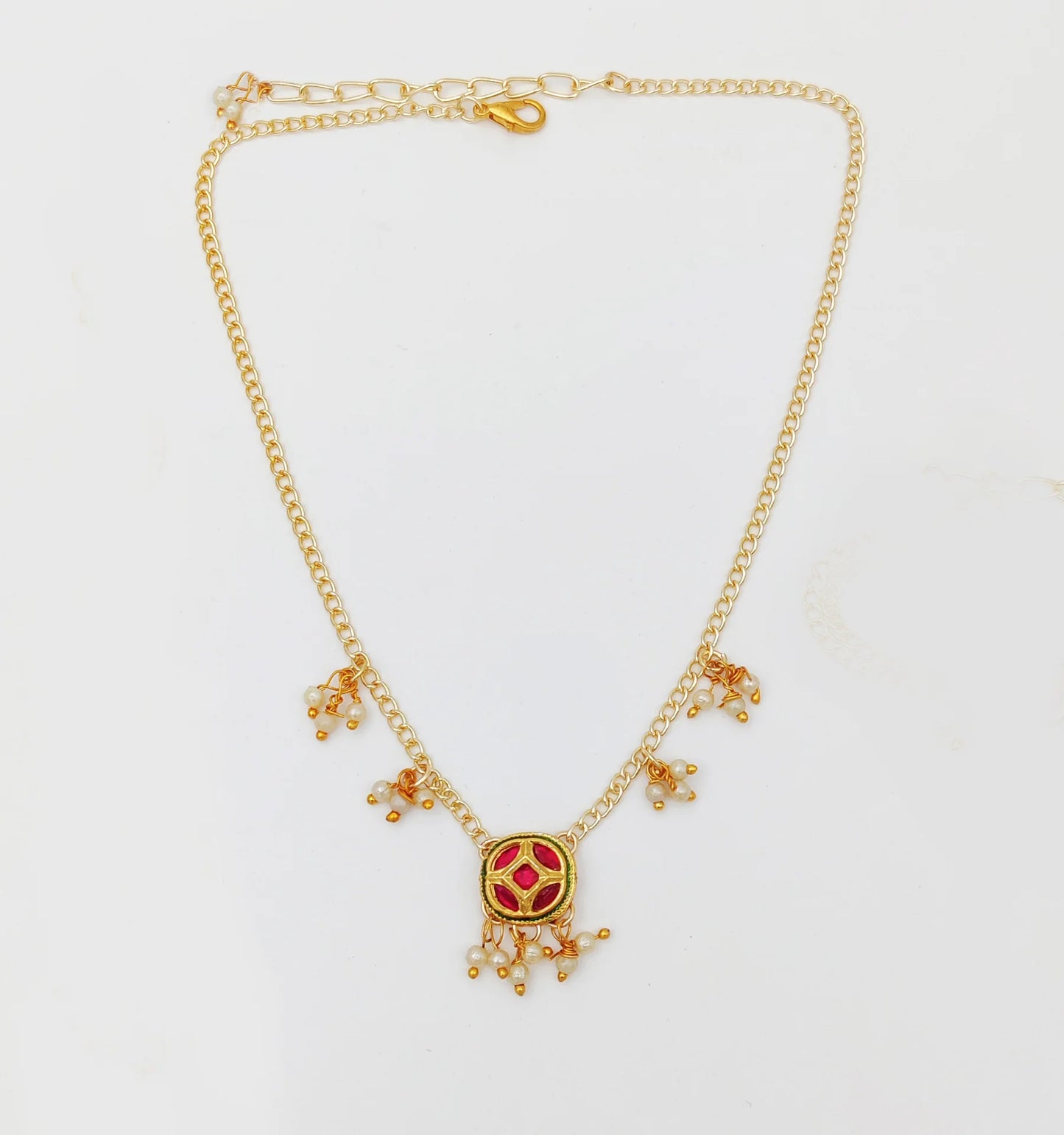 Kundan & Pearl Detailed Necklace, Bracelet & Maang Teeka Set (Dark Pink)