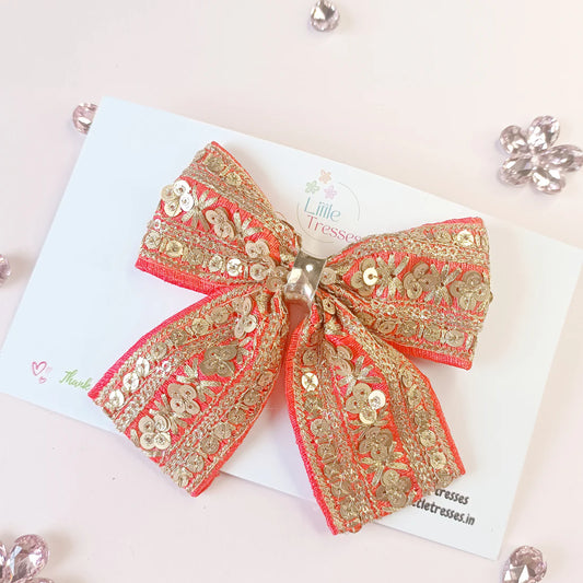 Piggy Tail Embroidery Bow Alligator Clip - Dark Peach