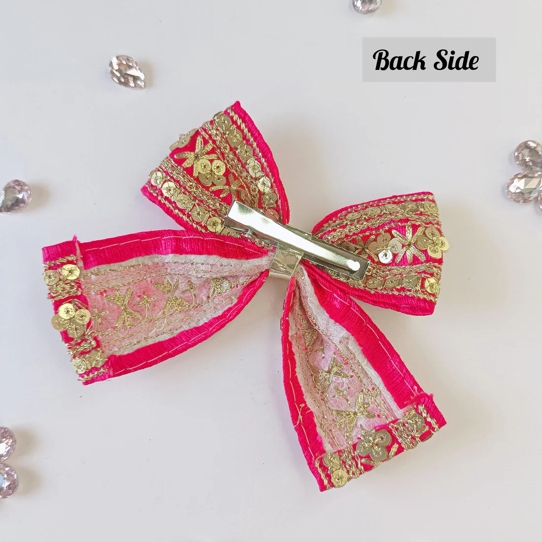 Embroidered Bow Alligator Clip - Dark Pink