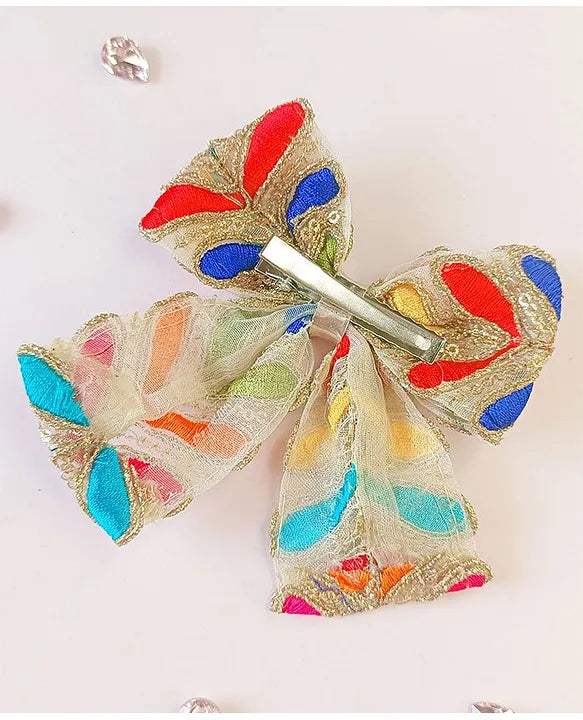 Embroidery Piggy Tail Bow Alligator Clip - Multicolor