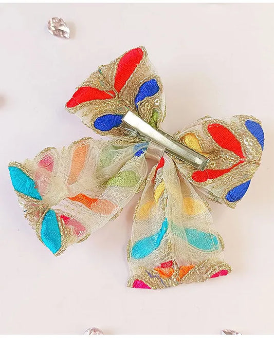 Embroidery Piggy Tail Bow Alligator Clip - Multicolor