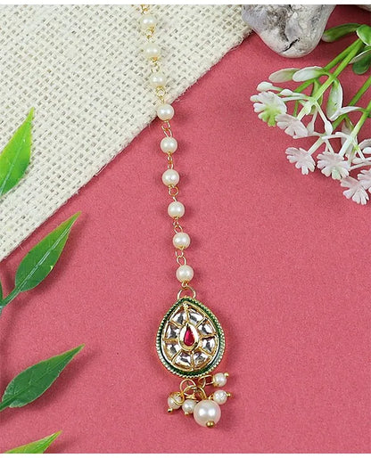 Kundan Stone Embellished Maang Tikka - Red & Green