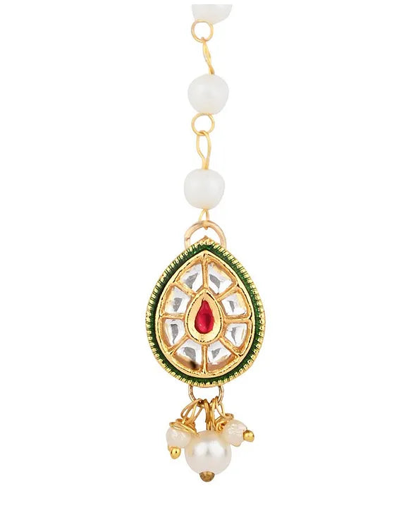 Kundan Stone Embellished Maang Tikka - Red & Green