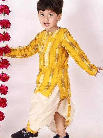 Yellow And Cream Printed Kurta And Dhoti