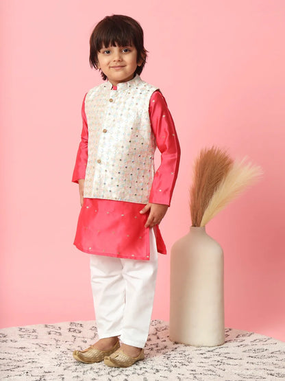 Kurta With Pyjama & Jacket - Bright Pink