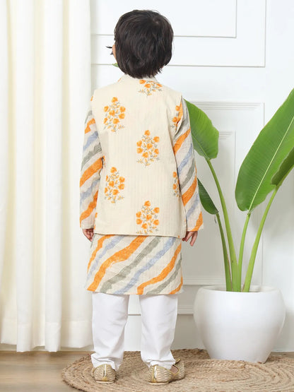 Cream - Yellow Kurta Pyjama With Nehru Jacket