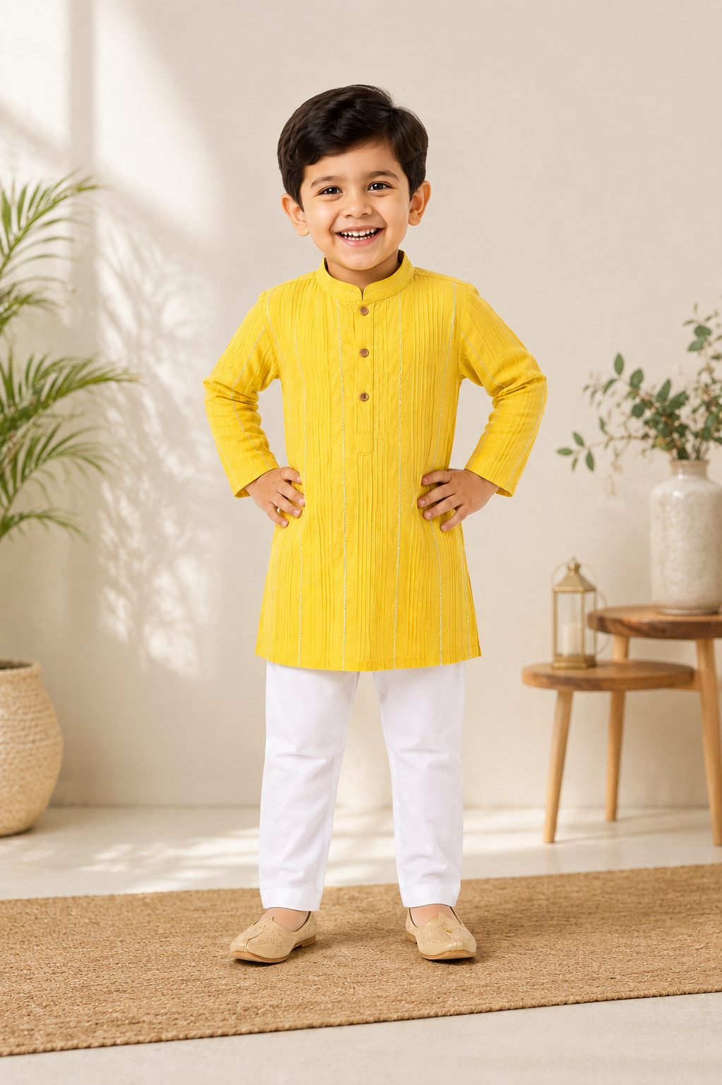 Woven Full Sleeves Pintucked Kurta with Gotta Patti Emblishment & Pyjama Set- Yellow