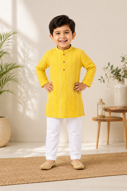 Woven Full Sleeves Pintucked Kurta with Gotta Patti Emblishment & Pyjama Set- Yellow