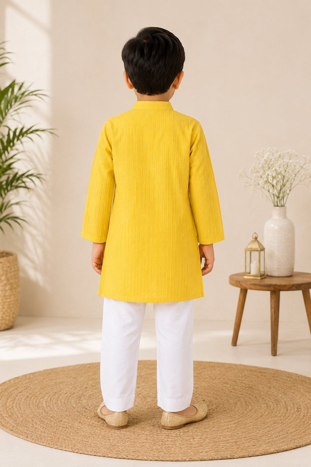 Woven Full Sleeves Pintucked Kurta with Gotta Patti Emblishment & Pyjama Set- Yellow